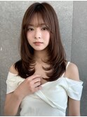 グレージュブラウン/ミディアムレイヤー/韓国巻き/顔周りカット