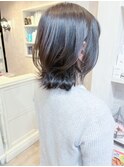 福山人気caary透明感グレージュ外ハネくびれミディ斜めバング