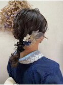 着物　ヘアセット　セミロング　編み下ろし　ゆるふわ　大阪