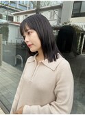 暗髪 韓国ミディアムレイヤーカット ワイドバング グレージュ