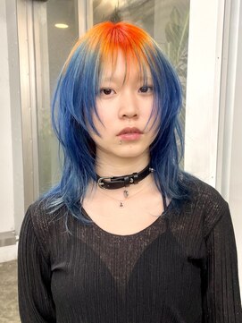 レコ 渋谷(LECO) ネオンオレンジブルールーツカラーレイヤーシャギーウルフカット
