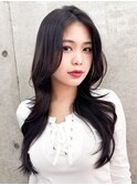 グレージュブラウン/ミディアムレイヤー/韓国巻き/顔周りカット