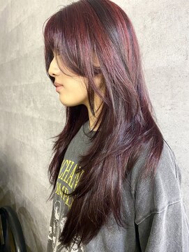 アジールヘア 北千住駅西口店(agir hair) デザインカラーボルドーレッドロングウルフカット顔周り北千住