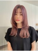 ピンクブラウンカラー×レイヤーウルフカット