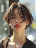 ムウ 難波(MOU)&nbsp;ショートパーマボブルフ黒髪ネビージュ小顔ワンレン20代30代40代