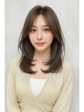 セミロングレイヤーカットストレートロングウルフカットベージュ