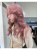 コーラルピンクカラーウェーブヘアレイヤーカット