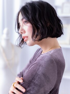 かきあげバングくせ毛風ラフウェーブ黒髪ボブa越谷20代30代40代