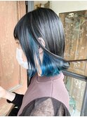 グリーン　ブルー　インナーカラー　イヤリングカラー　外ハネ