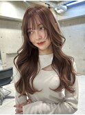 美髪エアリーロングピンクブラウン切りっぱなしボブ