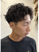 ルーズパーマ　メンズショート　マッシュ　アップバング