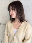 無造作ミディ/外ハネ/カーキアッシュ/シースルーバング/清須