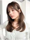 オリーブベージュ前髪カットロング顔周りレイヤー_F1392