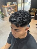 ハイライト波巻きマッシュパーマ束感ショートメンズパーマ