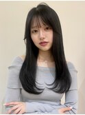 黒髪ロングナチュラルレイヤーぱっつん前髪韓国ヘア
