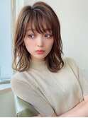 20代30代40代小顔ボブミディアムレイヤー流し前髪カーキベージュ