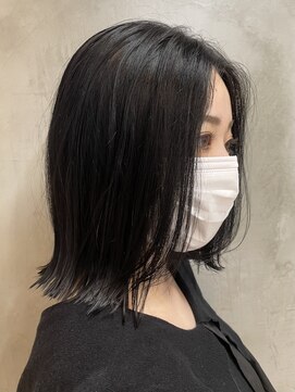 エリマ 調布(elima) レディース切りっぱなしボブ外ハネボブ黒髪ブルーブラックカラー