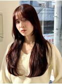 韓国風レイヤーブリーチなしワインレッドボルドー赤髪艶