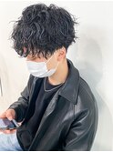 前下がりマッシュ波巻きスパイラルパーマメンズツーブロック横浜
