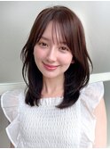 ミニウルフ前髪パーマ韓国くびれミディアムチェリーブラウン