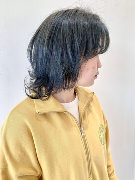 フォーク FOLK 【FOLK】透明感ハイライトブルー☆似合わせミディアムウルフ♪