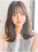 ◎薄め前髪アプリコットオレンジ似合わせカット外ハネミディアム