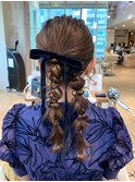 ★結婚式お呼ばれドレスヘア編み込みポニーテールアップスタイル
