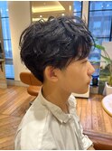 韓国風メンズマッシュパーマ アッシュブラック メンズ黒髪パーマ