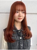 オレンジブラウン　レイヤーカット　顔周りレイヤー　小顔カット