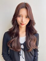 小顔薄めバングピンクブラウンレイヤーエアリーロン グ前髪美髪