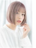 ミルクティーピンクの透けバングぶつ切りボブi古河10代20代30代