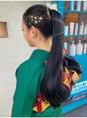 ヘアアレンジ セット 着物 タイトポニー 水引 胡蝶蘭 金箔 生花