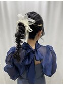 編み下ろしポニー/結婚式お呼ばれヘア/二次会ヘア/参列ヘア