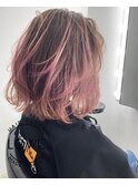 LOWEなつみ ミルキーピンクアッシュグレージュカラー外ハネボブ