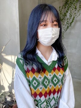 テトヘアー(teto hair) ネイビーカラー青髪紺色暗髪ロングヘア巻き髪ウェーブ