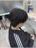 小顔ワンレンボブルフベージュ黒髪ハイライト2