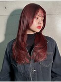 ロング レイヤーカット シースルーバング チェリーレッド
