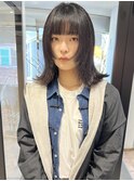 顔まわりレイヤーミディアムストレートワイドバング外ハネ暗髪