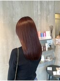 ブリーチなし透明感ボルドー艶髪レッドブラウンセミロング
