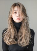 前髪/ハイトーン/こなれミディ/イメチェン/ウェーブパーマ