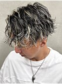 金メッシュハイライトシャドウ波巻きフェザーツーブロック