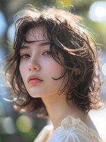 ムウ 難波(MOU)&nbsp;ボブルフ黒髪ネビージュ小顔ワンレンショートウェーブ20代30代