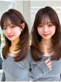 ミディアムレイヤーカットグレージュ顔周りカット