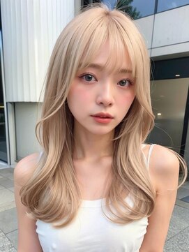 ムウ 難波(MOU) ハイトーンカラーワイドバングホワイトブロンド外はねボブ美髪