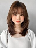 ワイドバング前髪大人可愛いセミディ外ハネボブこなれヘア
