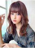 ミニウルフ前髪パーマ韓国くびれミディアムチェリーブラウン