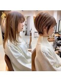 ショートヘアショートボブ白髪ぼかしハイライトカラーボブ