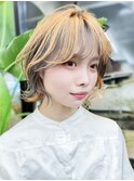 顔周りレイヤー韓国ヘアアプリコットオレンジくびれヘア_F0023