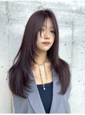 美髪ワインレッド韓国レイヤーロングハッシュカット顔周り前髪