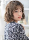 グレーベージュ小顔ゆるふわボブパーマA4上尾20代30代40代